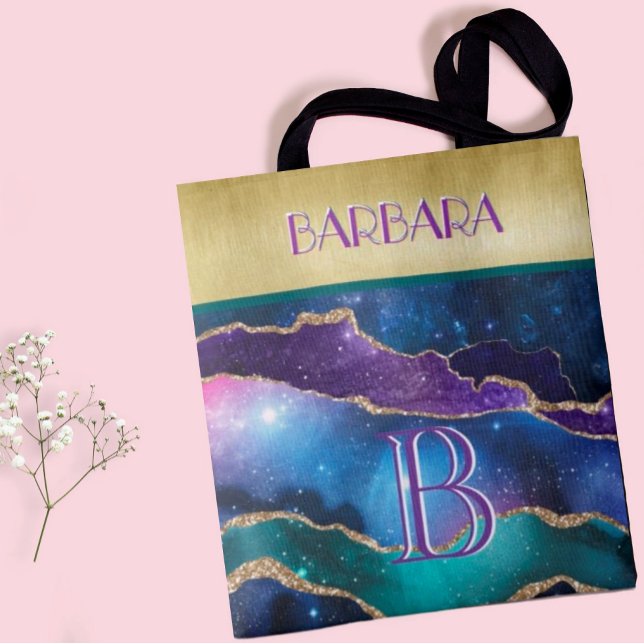 Bolsa Tote Nome Dourado assombroso do Monograma de Teto Roxo (Criador carregado)