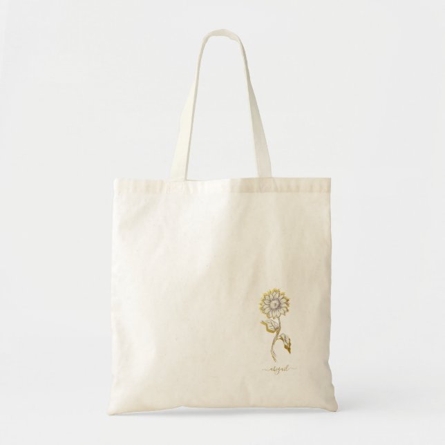 Bolsa Tote Nome Dourado Personalizado Girassol Desenho À Mão (Frente)
