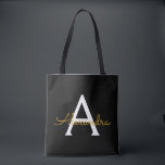 Bolsa Tote Nome Dourado Preto White Girly Script Monograma Mo<br><div class="desc">Preto e Dourado Elegante Adicione seu próprio nome Monograma Book Bag. Este Livro Bag pode ser personalizado para incluir seu nome inicial e próprio e ser dado como presente para o Natal,  Doce 16 Aniversário,  Chá de panela ou Casamento.</div>