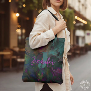 Bolsa Tote Nome e Monograma da pintura líquida colorida abstr