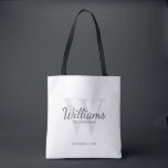 Bolsa Tote Nome e monograma dos Padrinhos de casamento de Scr<br><div class="desc">Adicione um toque pessoal ao seu casamento com padrinhos de casamento personalizados. Este saco apresenta o nome personalizado do padrinho de casamento no estilo de fonte do script clássico da cinza com detalhes do casamento no estilo de fonte serif clássico da cinza e monograma no estilo de fonte serif clássica...</div>