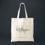 Bolsa Tote Nome e monograma dos Padrinhos de casamento de Scr<br><div class="desc">Adicione um toque pessoal ao seu casamento com padrinhos de casamento personalizados. Esta bolsa de tote apresenta o nome de padrinho de casamento personalizado no estilo de fonte de script clássico da cinza com detalhes de casamento no estilo de fonte serif clássico da cinza e monograma no estilo de fonte...</div>