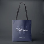 Bolsa Tote Nome e monograma dos Padrinhos de casamento de Scr<br><div class="desc">Adicione um toque pessoal ao seu casamento com padrinhos de casamento personalizados. Este saco apresenta o nome de padrinho de casamento personalizado no estilo de fonte de script clássico branco com detalhes de casamento no estilo de fonte de serif branca e monograma no estilo de fonte de serif clássico azul-claro-marinho...</div>