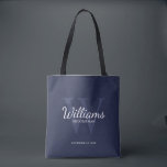 Bolsa Tote Nome e monograma dos Padrinhos de casamento de Scr<br><div class="desc">Adicione um toque pessoal ao seu casamento com padrinhos de casamento personalizados. Este saco apresenta o nome de padrinho de casamento personalizado no estilo de fonte de script clássico branco com detalhes de casamento no estilo de fonte de serif branca e monograma no estilo de fonte de serif clássico azul-claro-marinho...</div>