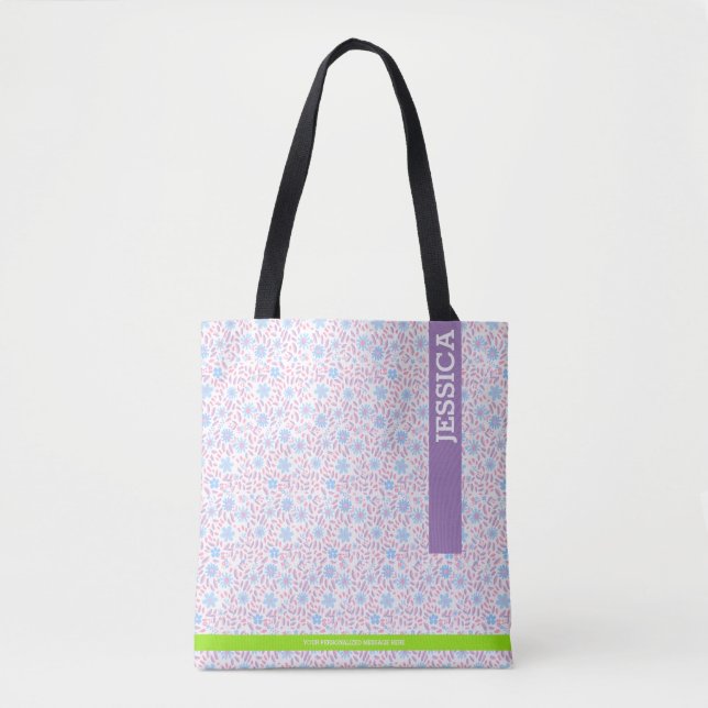 Bolsa Tote Nome e Monograma Personalizados Roxo Floral (Frente)