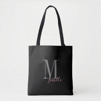Bolsa Tote Nome e monograma simples e preto personalizado