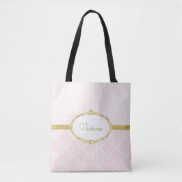 Bolsa Tote Nome e quadro Dourados do Damasco Rosa Elegante