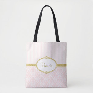 Bolsa Tote Nome e quadro Dourados do Damasco Rosa Elegante