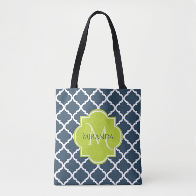 Bolsa Tote Nome e Quatrefoil Verde do Marinho Elegante Monogr (Frente)