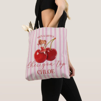 Bolsa Tote [Nome Editável] Fita Coquete Cereja Doce Rosa