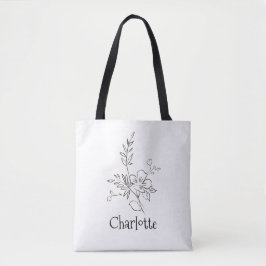 Bolsa Tote Nome elegante flor linha preto branco