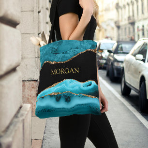 Bolsa Tote Nome em Dourado sobre Ágata Preta, Dourada e Azul