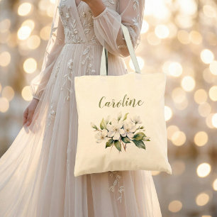 Bolsa Tote Nome Flor de Maçã Aquarela Branca Elegante