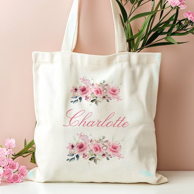 Bolsa Tote Nome Floral de Bridesmaid Rosa (Criador carregado)