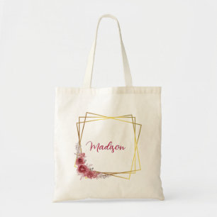 Bolsa Tote Nome Floral Personalizado Geométrico do Rosa do ou