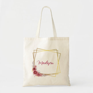 Bolsa Tote Nome Floral Personalizado Geométrico do Rosa do ou