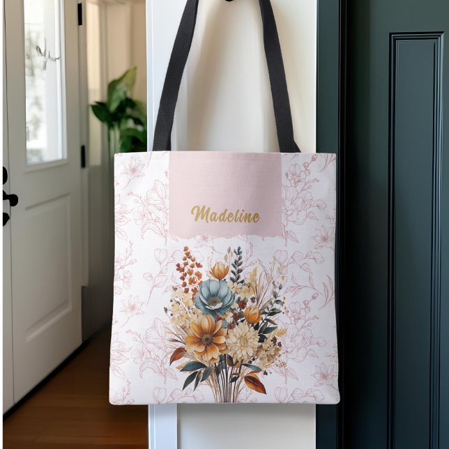 Bolsa Tote Nome Floral Rosa Elegante (Criador carregado)