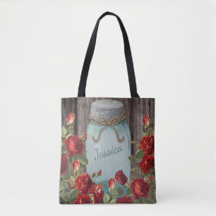 Bolsa Tote Nome floral rústico azul do frasco de pedreiro do
