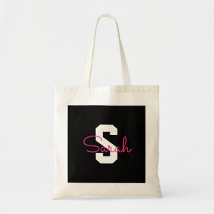 Bolsa Tote Nome Fofo & Monograma Preto Branco & Rosa