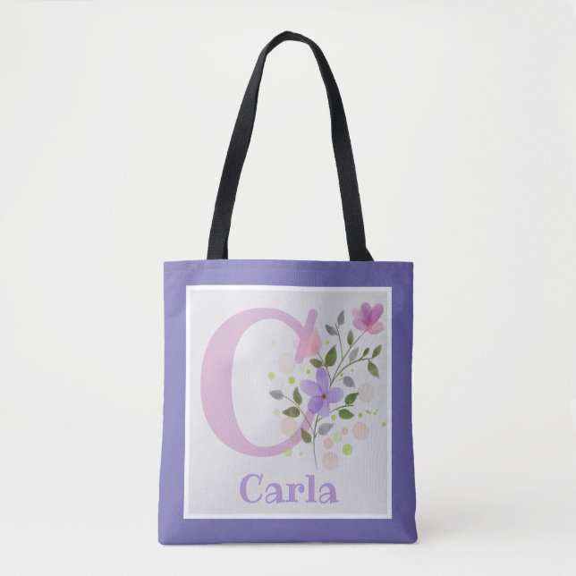 Bolsa Tote Nome inicial de adição Carla com Flores (Frente)