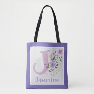 Bolsa Tote Nome inicial de adição Jasmine com flores