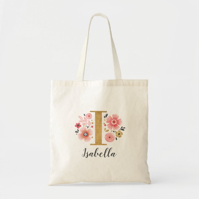 Bolsa Tote Nome Inicial de Monograma de Ouro Tendência (Frente)