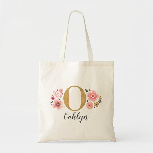 Bolsa Tote Nome Inicial de Monograma Floral Rosa Dourado (Frente)