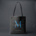 Bolsa Tote Nome inicial do script do Monograma Azul do Oceano<br><div class="desc">Monograma Azul do Oceano Negro Moderno Nome do Script Elegante Tote Inicial</div>