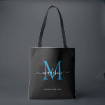 Bolsa Tote Nome inicial do script do Monograma Azul do Oceano<br><div class="desc">Monograma Azul do Oceano Negro Moderno Nome do Script Elegante Tote Inicial</div>