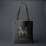 Bolsa Tote Nome inicial do script do monograma da Cinza Prate<br><div class="desc">Cinza de Lata Negra Moderna Monograma Nome de Script Elegante do Script Inicial</div>