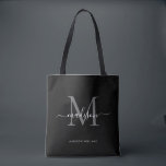 Bolsa Tote Nome inicial do script do monograma da Cinza Prate<br><div class="desc">Cinza de Lata Negra Moderna Monograma Nome de Script Elegante do Script Inicial</div>