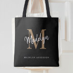 Bolsa Tote Nome Inicial do Script do Monograma Dourado Preto<br><div class="desc">Nome do Script do Monograma Dourado Moderno Nome do Tote Inicial.Personalize facilmente este saco de tote elegante moderno com seu monograma e nome personalizados.</div>