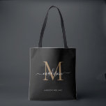 Bolsa Tote Nome Inicial do Script do Monograma Dourado Preto<br><div class="desc">Monograma Dourado Moderno Nome do Script Elegante do Monograma Preto Inicial Tote Bag</div>