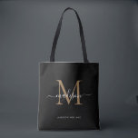 Bolsa Tote Nome Inicial do Script do Monograma Dourado Preto<br><div class="desc">Monograma Dourado Moderno Nome do Script Elegante do Monograma Preto Inicial Tote Bag</div>