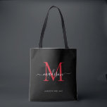 Bolsa Tote Nome inicial do script do monograma vermelho preto<br><div class="desc">Modern Black Burgundy Red Monograma Elegante Nome do Script Elegante Toque Inicial</div>