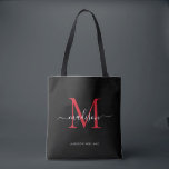 Bolsa Tote Nome inicial do script do monograma vermelho preto<br><div class="desc">Modern Black Burgundy Red Monograma Elegante Nome do Script Elegante Toque Inicial</div>