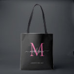 Bolsa Tote Nome Inicial do Script Menta do Monograma preto PI<br><div class="desc">Magenta Magenta,  Rosa Quente Moderno,  Monograma Elegante Nome do Script Elegante Toque Inicial</div>
