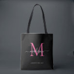 Bolsa Tote Nome Inicial do Script Menta do Monograma preto PI<br><div class="desc">Magenta Magenta,  Rosa Quente Moderno,  Monograma Elegante Nome do Script Elegante Toque Inicial</div>