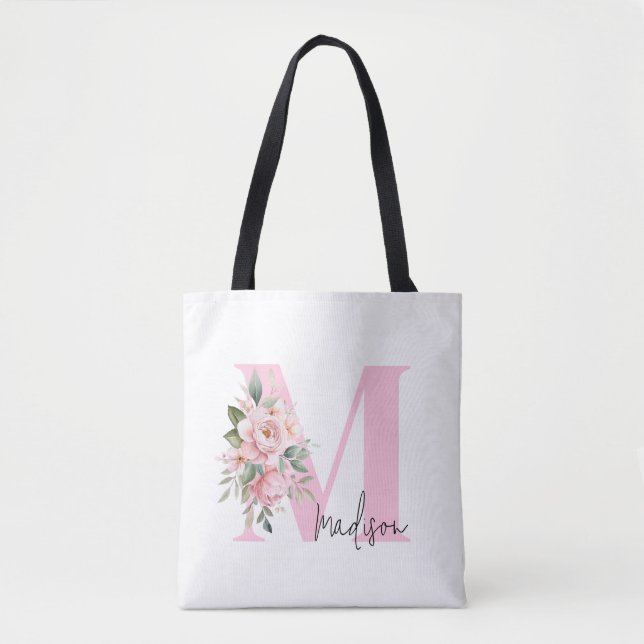 Bolsa Tote Nome inicial Elegante moderno Monograma Floral Ros (Frente)