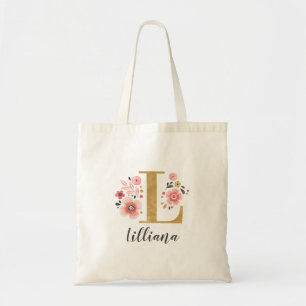 Bolsa Tote Nome Inicial Floral Monograma Dourado Tendência
