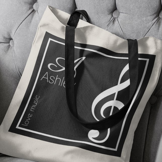Bolsa Tote Nome, Limpa inicial e branca, preto de música (❤ music)