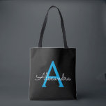 Bolsa Tote Nome moderno de monograma de script feminino azul<br><div class="desc">Mala preta e azul elegante Adicione seu próprio nome Monograma. Esta mala pode ser personalizada para incluir seu inicial e primeiro nome e dada como presente de Natal,  Aniversário de 16 anos,  Chá de Panela ou Casamento.</div>