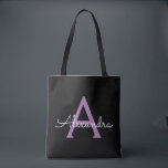 Bolsa Tote Nome Moderno do Monograma de Script Negra Roxo<br><div class="desc">O Elegante Preto e Roxo adiciona o seu próprio nome Monograma Book Bag. Este Livro Bag pode ser personalizado para incluir seu nome inicial e próprio e ser dado como presente para o Natal,  Doce 16 Aniversário,  Chá de panela ou Casamento.</div>