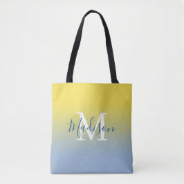 Bolsa Tote Nome Moderno Monograma Amarelo a Azul Claro
