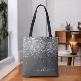 Bolsa Tote Nome Monograma Brilhante Lindo Cinza Prateado Meni