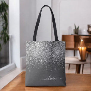 Bolsa Tote Nome Monograma Brilhante Lindo Cinza Prateado Meni