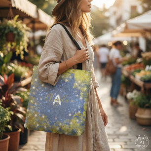 Bolsa Tote Nome Monograma Brilho Faux Dourado e Azul