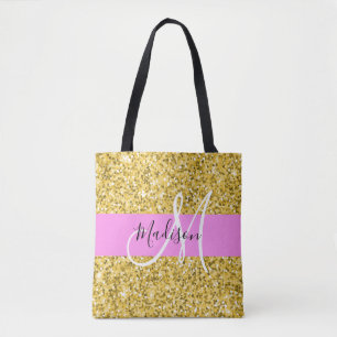 Bolsa Tote Nome Monograma Brilho Glam Rosa e Dourado