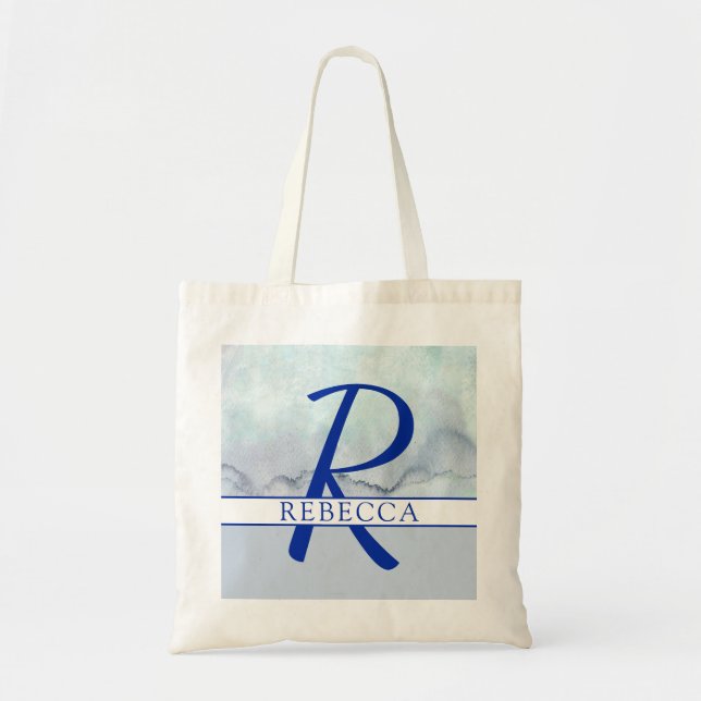Bolsa Tote Nome | Monograma de cor azul (Frente)