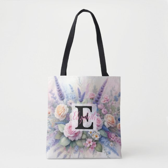 Bolsa Tote Nome monograma em aquarela Flores em pastos (Frente)